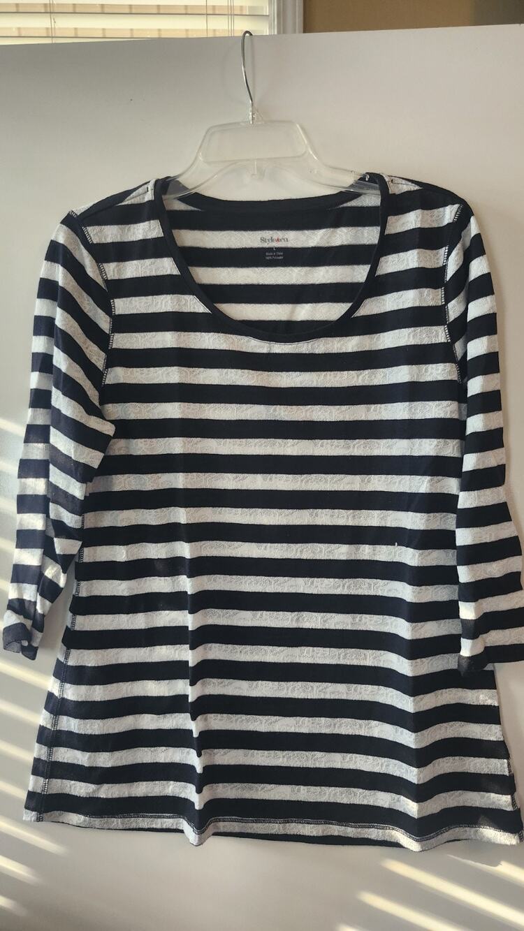 Style & Co Women's Size Large Striped 3/4 Sleeve Top Black White #313
